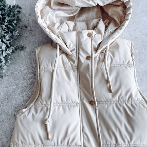 DEX Cream Long Puffer Vest With Hood Size XS - Picture 1 of 7